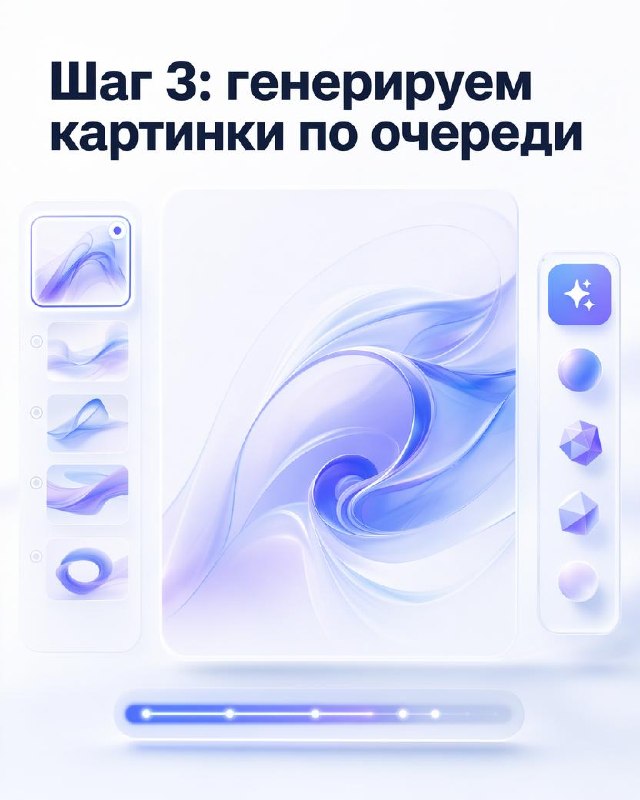 Абстрактное изображение генерации: плавные формы и синие тона, панель инструментов справа, иллюстрация процесса генерации картинок по очереди.
