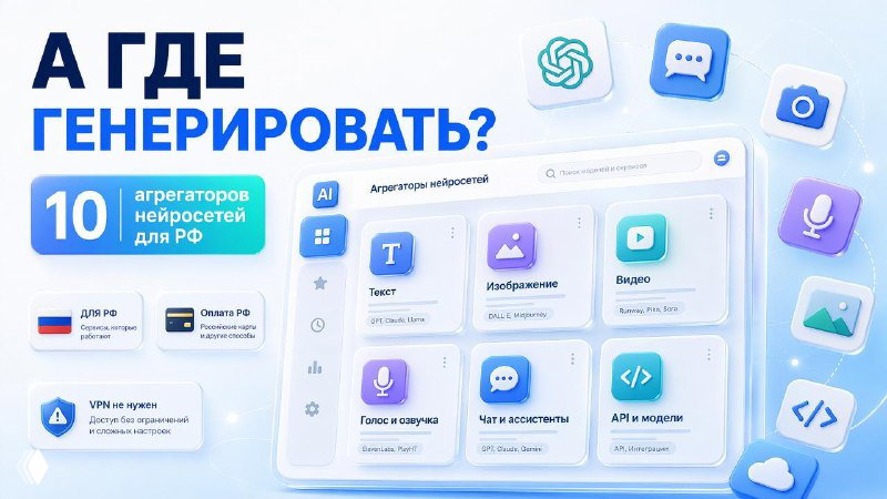 Баннер с текстом «А где генерировать?»: коллаж интерфейсов агрегаторов нейросетей, иконки моделей (GPT, Midjourney, Sora) на синем фоне