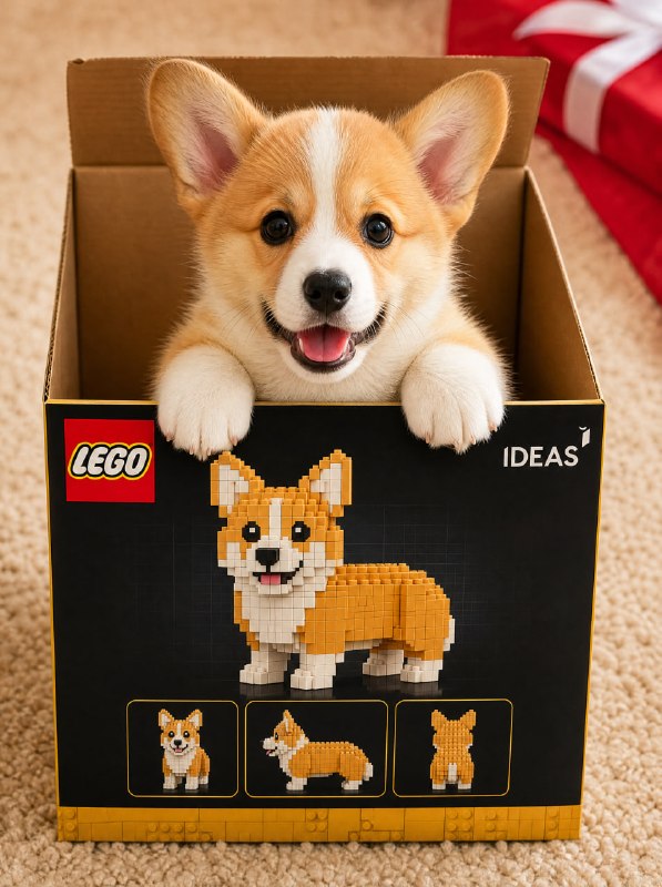 Щенок корги выглядывает из открытой коробки LEGO Ideas на бежевом ворсистом ковре; на коробке пиксельный корги и красный акцент справа.