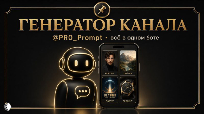 Золотисто-чёрный рекламный баннер с иконкой робота, смартфоном с примерами сгенерированных изображений и заголовком «ГЕНЕРАТОР КАНАЛА».