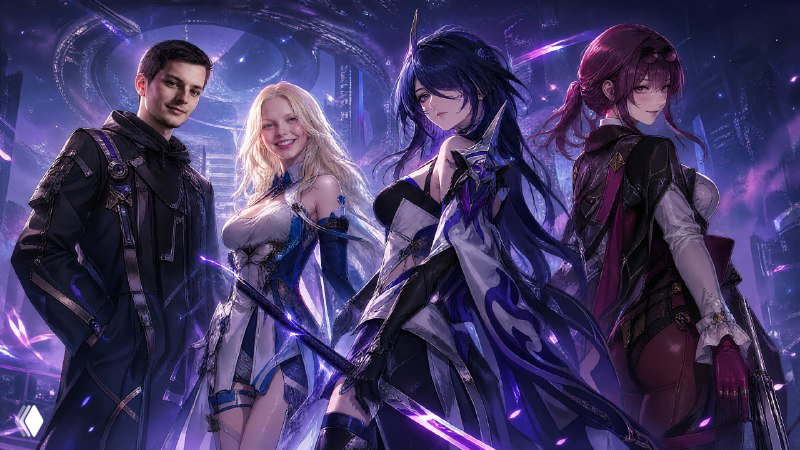 Кадр с четырьмя персонажами в стиле Honkai: Star Rail, динамичные позы, фиолетово-голубая палитра и технологичный футуристический антураж в заднем плане.