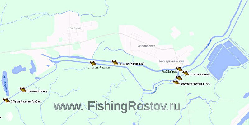 Фрагмент карты с метками рыболовных локаций в районе Донского, Заплавской и Бессергеневской: каналы и водоёмы помечены значками и подписью сайта.