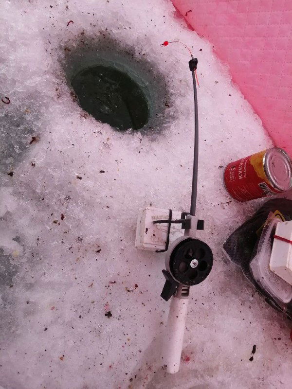 Лунка в льду с настольной зимней удочкой, катушкой и банкой прикормки рядом — рабочее место для подлёдной ловли на Маныче.