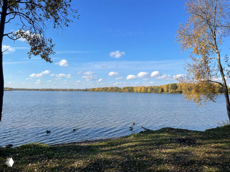Широкий вид на озеро с дальними берегами и лужайкой, вода с лёгкими рябями — спокойная сцена во время трёхчасовой прогулки автора после отпуска.