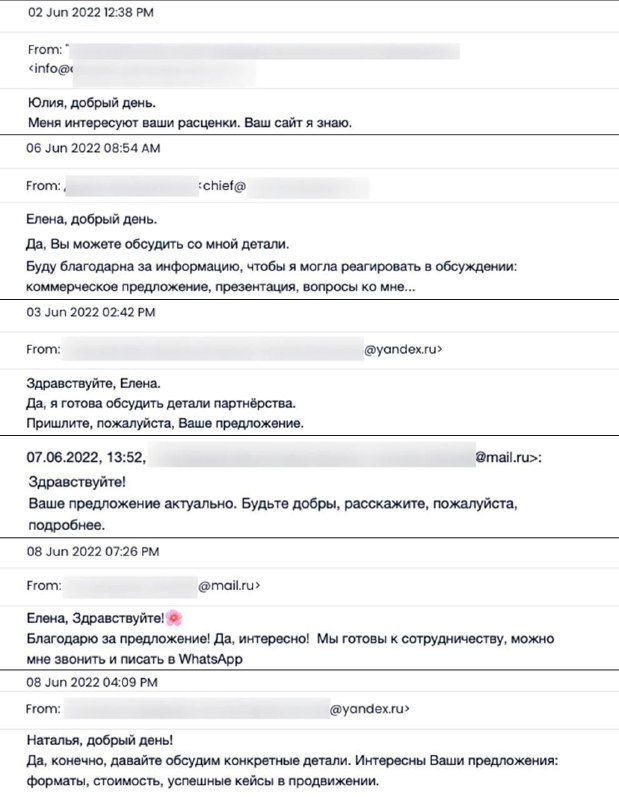 Скрин переписки и ответов от клиентов: фрагменты писем с подтверждением интереса и обсуждением покупки рекламы на онлайн-портале