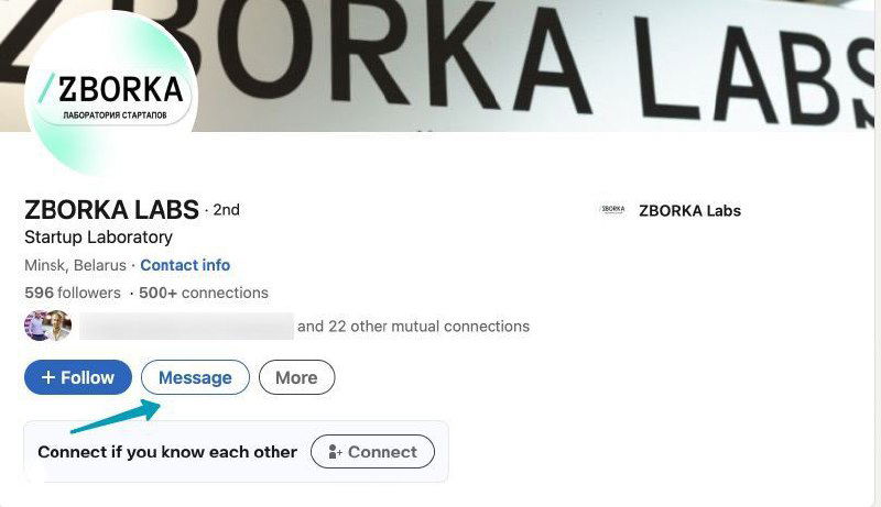 Фрагмент публичного профиля компании в LinkedIn (ZBORKA LABS): шапка страницы, логотип, кнопки Follow и Message, часть контактной информации компании.
