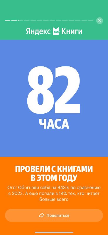 Скриншот статистики в «Яндекс Книги»: синий фон с крупной цифрой 82 и подписью часов прослушивания книг за год.