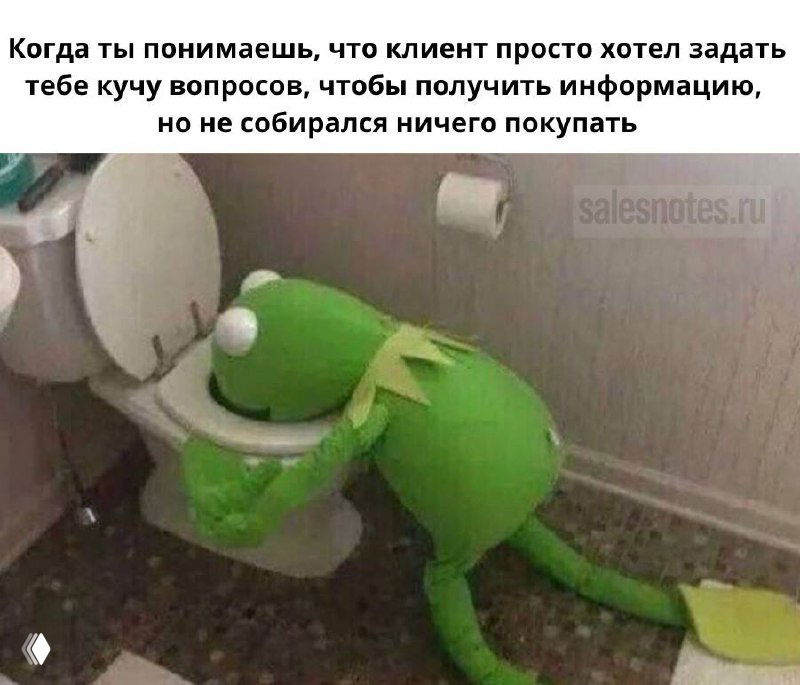 Мем с лягушонком Кермитом, опирающимся на унитаз, и подписью про клиентов, задающих много вопросов без намерения покупать.