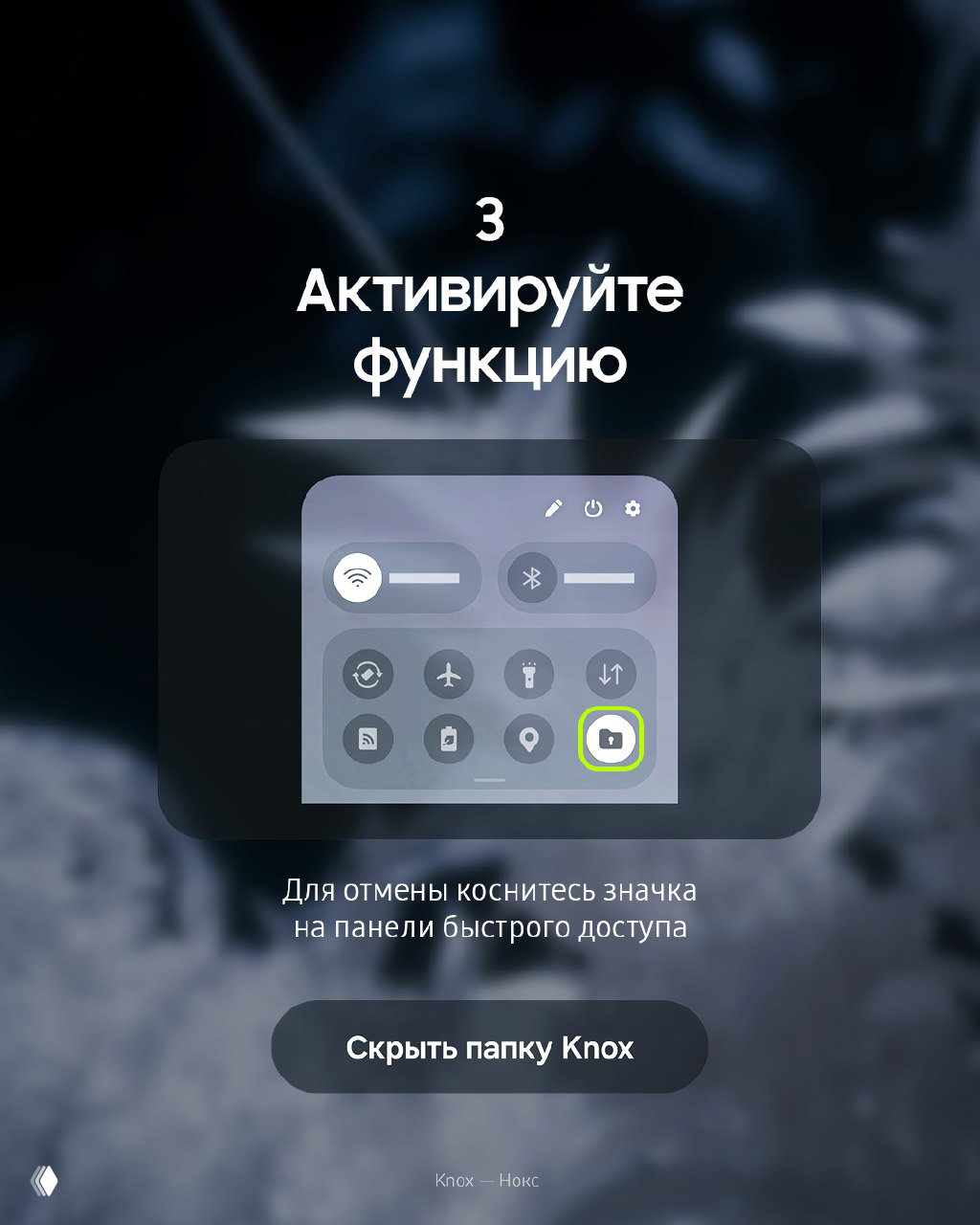 Скриншот шага 3: панель быстрых настроек с выделенной кнопкой активации функции скрытия папки; подпись об отмене через значок на панели быстрого доступа.
