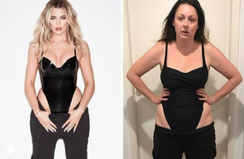 Сравнение: слева гламурная фотосессия женщины в облегающем платье, справа — пародийный реальный кадр обычной женщины в похожем наряде в домашней обстановке.