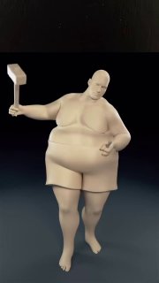 Стилизованная скульптурная фигура полного человека в шортах, держащая молот на тёмном фоне — абстрактная иллюстрация тела и силы.