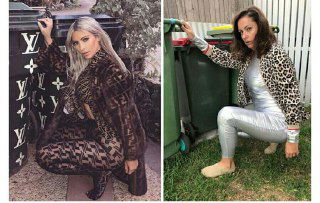 Коллаж: слева стильная модная фотосессия с брендовой эстетикой, справа бытовая и слегка ироничная реплика той же позы на фоне уличной сцены и контейнера