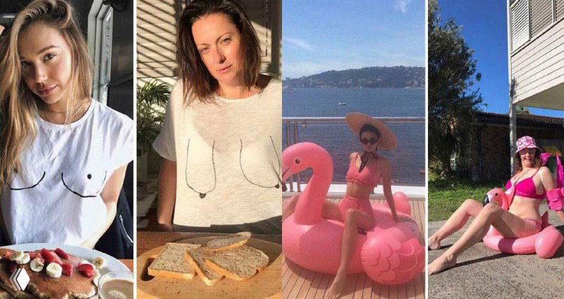 Ряд сравнительных снимков: пляжные и бытовые сцены с купальниками, надувным фламинго и домашними предметами — подчёркнута разница идеалов и реальности отдыха