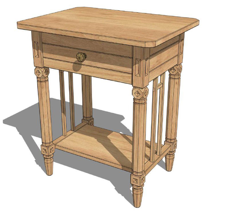 Рендер SketchUp: упрощённая вариация того же столика без маркетри, ровная столешница, схожие точёные ножки и выдвижной ящик.