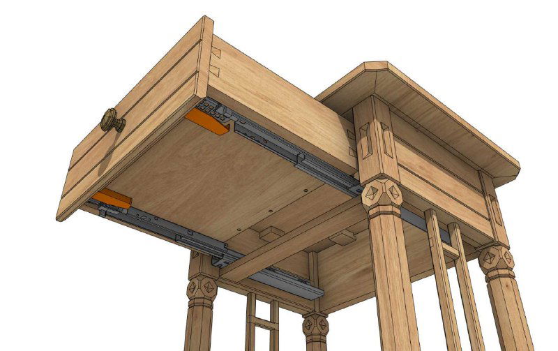 Вид снизу 3D‑модели: скрытые направляющие под ящиком, видны крепления, расстояния и места монтажа в корпусе изделия.