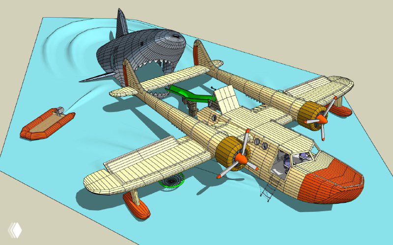 Общий ракурс модели площадки в SketchUp: гидроплан, акулья фигура, спасательная лодка и зонирование игровых площадок в проекте.