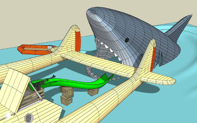 Крупный план 3D-модели: горка ведёт в пасть акулы, видны второй ярус самолёта и детализированные каркасные поверхности в SketchUp.