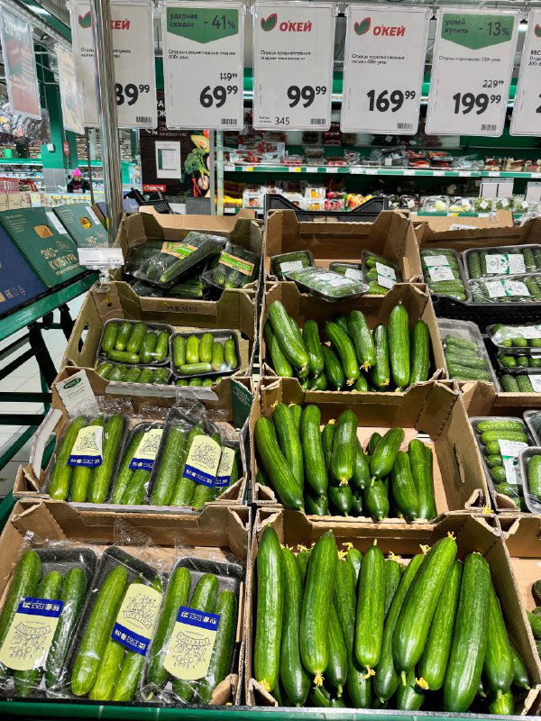 Стеллаж с огурцами разных видов в коробках и упаковках, ценники над стойкой и часть торгового прохода в фоне.