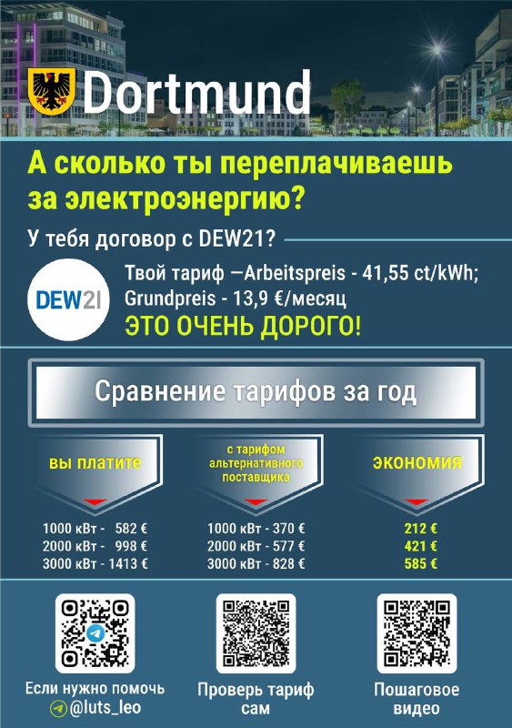 Инфографика по тарифам электроэнергии для города Dortmund: название поставщика DEW21, ставка ct/kWh, ориентиры платежей и экономии на фоне городского пейзажа.