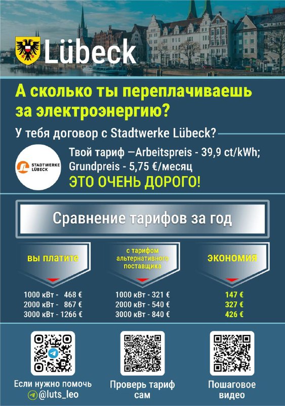 Инфографика для Lübeck: визуальное сравнение тарифов на электроэнергию с примерными платежами, маркировкой переплаты и QR‑кодом.