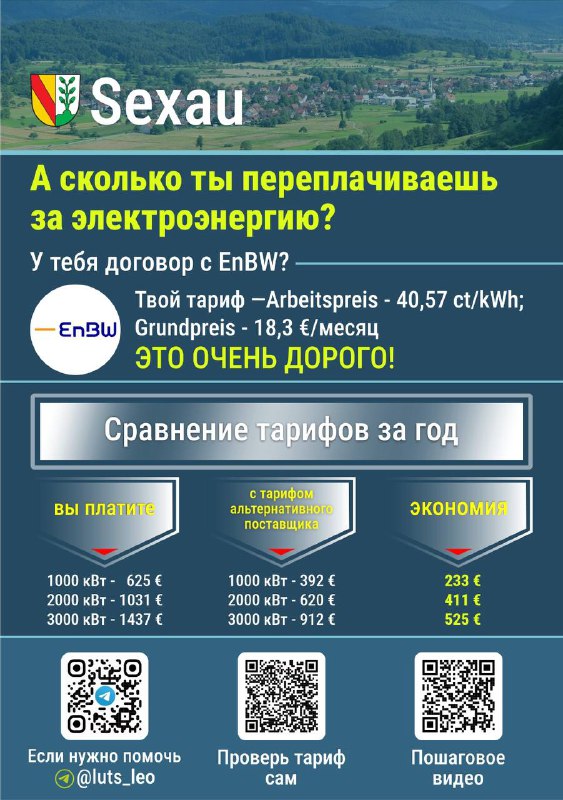Инфографика для Sexau: графическое сравнение тарифа EnBW, базовая цена и пример годовой переплаты с QR‑кодами для проверки.