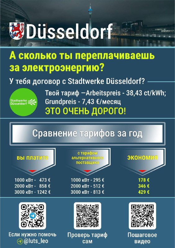 Инфографика для Düsseldorf: городской пейзаж, заметна статистика тарифов, указание Grundpreis и возможной годовой экономии, а также QR‑код.