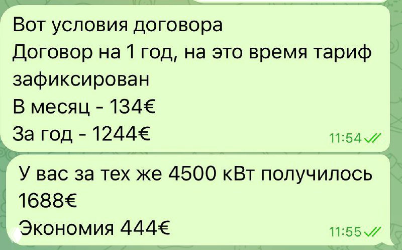 Скрин сообщения с условиями договора: фиксированный тариф на год, месячная и годовая суммы — сравнение и итоговая экономия в евро.
