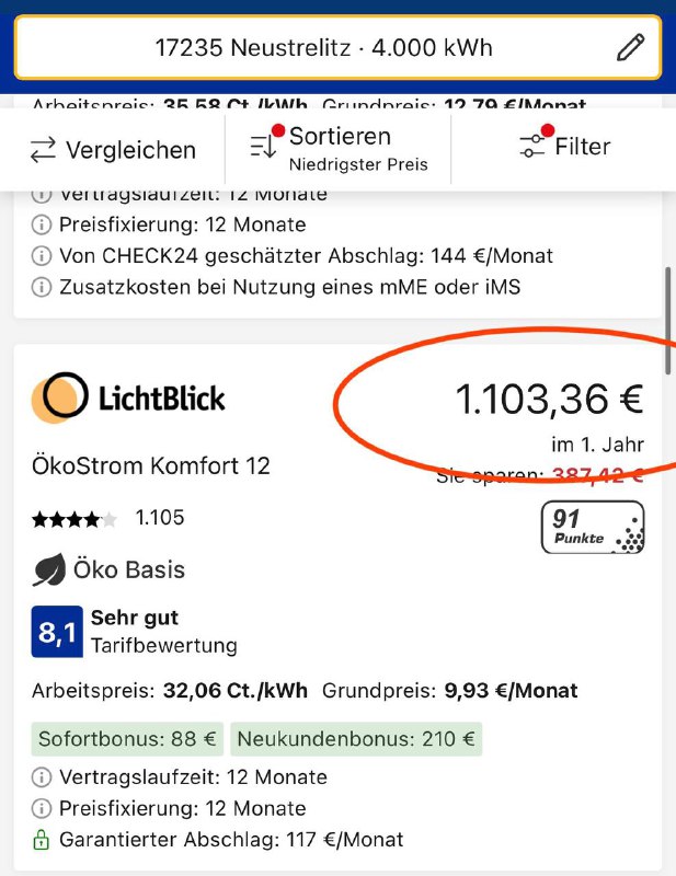 Скриншот страницы сравнения на Check24 с выделенной ценой Lichtblick — 1 103,36€ в первом году по выбранным параметрам и округлению.