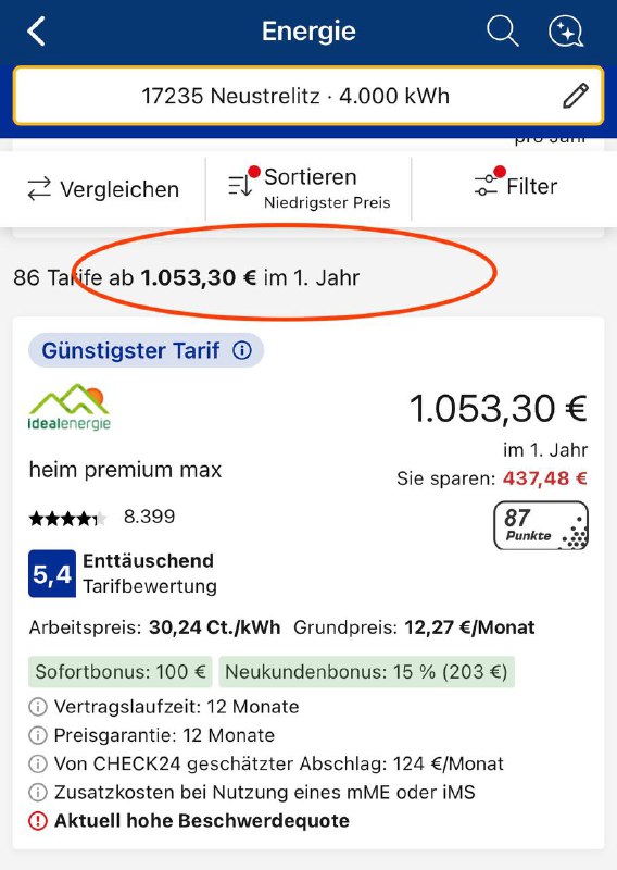 Скриншот списка тарифов на Check24 с пометкой самого дешёвого предложения — 1 053,30€ в первый год для тех же параметров потребления.