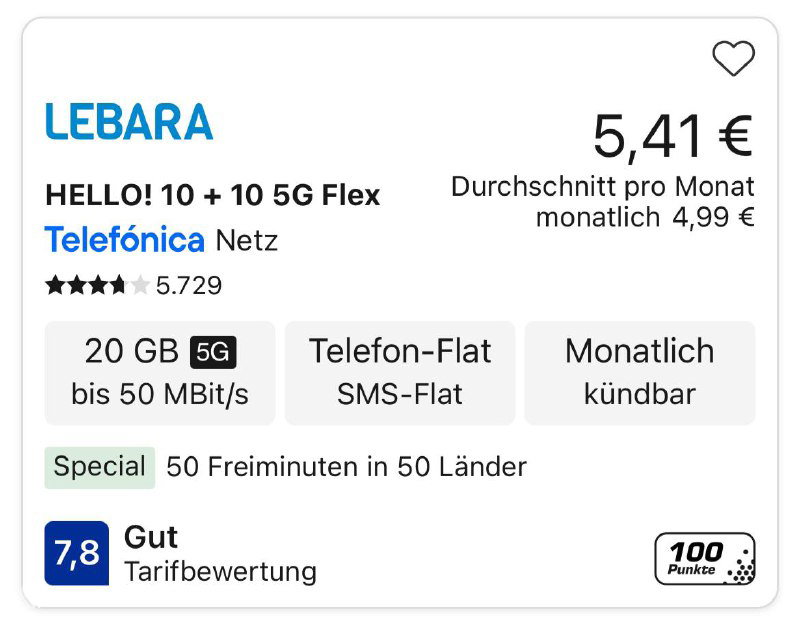Скриншот карточки тарифа Lebara 20 GB: 20 ГБ, до 50 Mbit/s, цена 4,99 € в месяц и пометка monatlich kündbar.