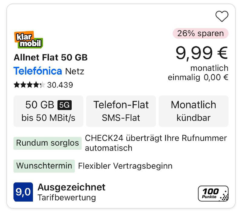 Скриншот карточки klarmobil Allnet Flat 50 GB с логотипом, 50 ГБ, до 50 Mbit/s и ценой 9,99 € в месяц.