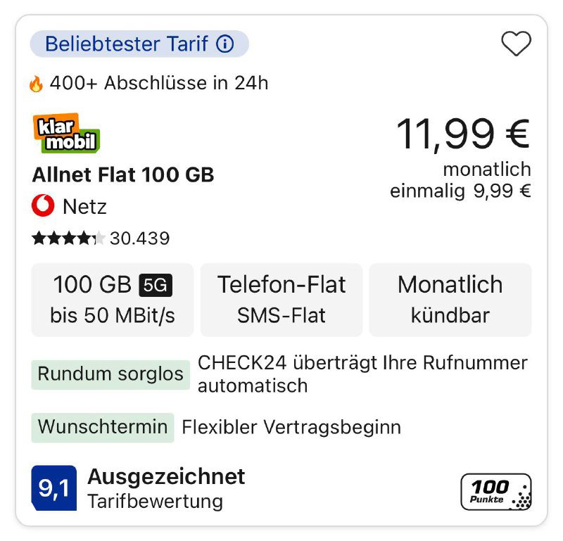 Скриншот карточки klarmobil Allnet Flat 100 GB: 100 ГБ, до 50 Mbit/s, цена 11,99 € в месяц и отметка популярного тарифа.