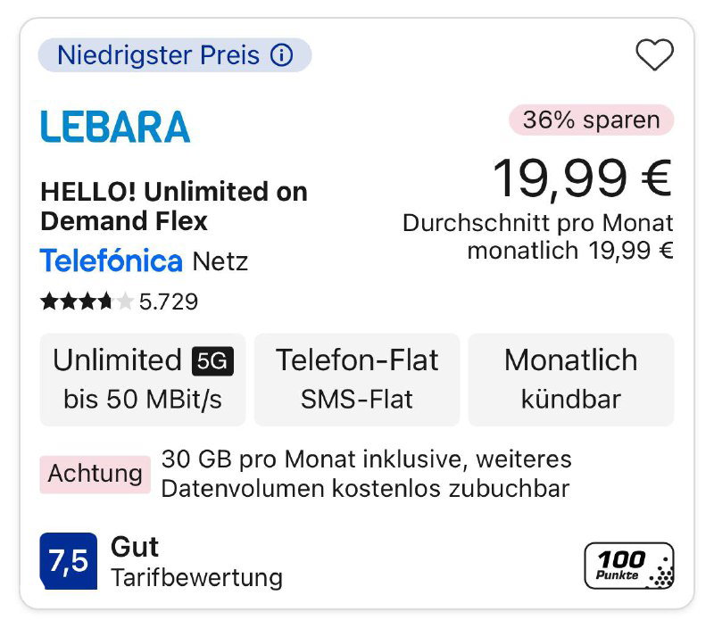 Скриншот карточки Lebara Unlimited: безлимитный тариф до 50 Mbit/s с ценой 19,99 € в месяц и дополнительной заметкой о лимите трафика за 30 ГБ.