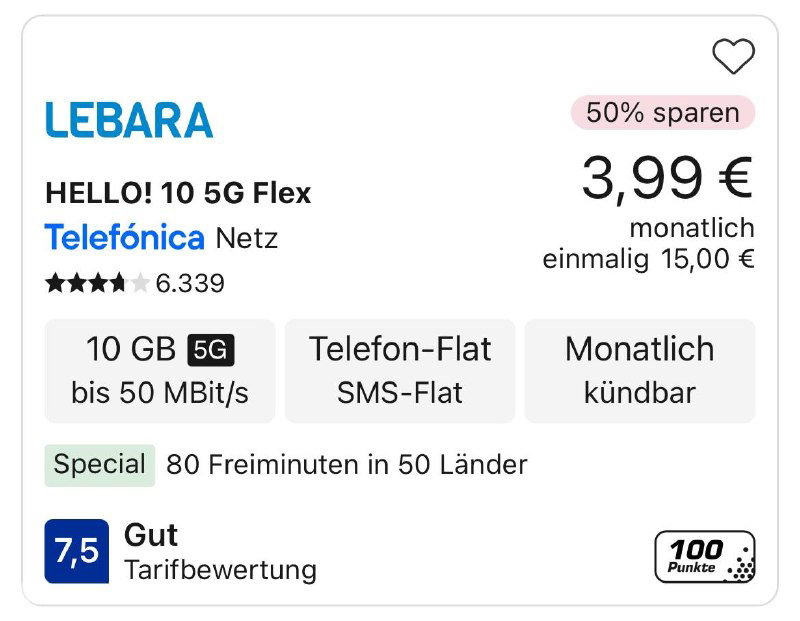 Скриншот следующего предложения Lebara на Check24: 10 ГБ до 50 Мбит/с, цена 3,99 €/мес, пометка «50% sparen» и элементы интерфейса сайта.