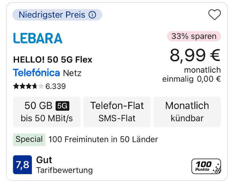 Скриншот предложения Lebara 50 ГБ на Check24: 50 ГБ до 50 Мбит/с, цена 8,99 €/мес, указан рейтинг 7,8 и значки выгодности.