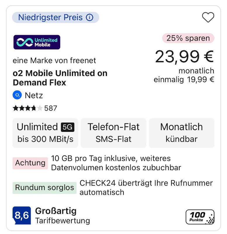 Скриншот предложения o2 Mobile Unlimited на Check24: безлимит до 300 Мбит/с, цена 23,99 €/мес, логотип провайдера и заметки о дневном лимите.