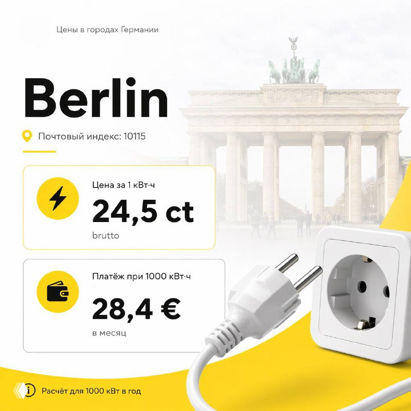 Слайд Berlin: инфографика с указанием цены 24,5 ct за 1 кВт·ч и примерного платежа при 1000 кВт·ч в год на фоне Бранденбургских ворот и розетки.