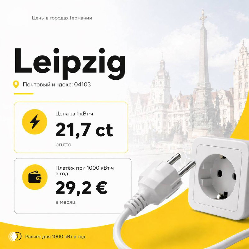 Слайд Leipzig: инфографика с ценой 21,7 ct за 1 кВт·ч и расчётом платежа при 1000 кВт·ч в год; изображение розетки на фоне городской архитектуры.