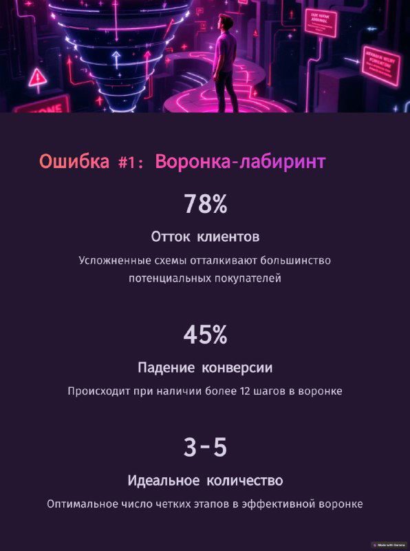 Инфографика «Ошибка #1: Воронка-лабиринт» с процентами оттока и падения конверсии, визуализированная в фиолетовой палитре и блоках с метриками