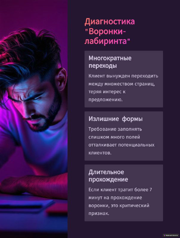 Портрет мужчины в неоновом освещении рядом с блоком «Диагностика Воронки-лабиринта», перечисляющим многократные переходы и излишние формы