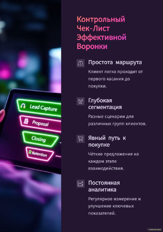 Контрольный чек-лист эффективной воронки: простота маршрута, глубокая сегментация, явный путь к покупке и постоянная аналитика, оформленный списком