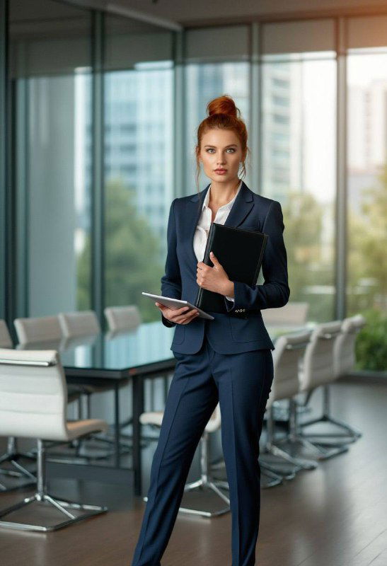 Деловая женщина в тёмно-синем костюме в офисе с планшетом — строгий профессиональный портрет, подходящий для делового образа.