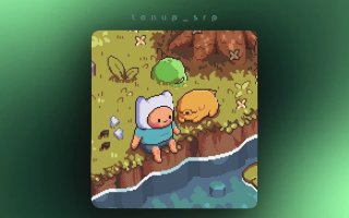 Пиксельная иллюстрация: персонаж в стиле приключенческой игры сидит у воды рядом с небольшой собакой на зелёном фоне, атмосферный игровой арт.