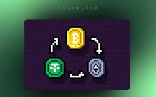 Пиксельная иллюстрация трёх монет и направленных стрелок, символизирующая обмены между активами и идею циклического арбитража на биржах.