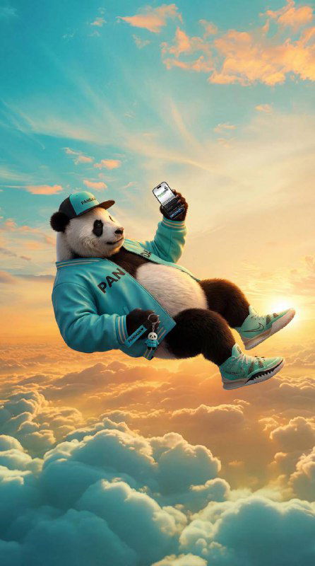Панда в фирменной одежде парит над облаками и держит смартфон — концептуальный рекламный кадр в тёплой палитре неба на закате.