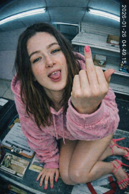 Молодая женщина на коленях в магазине, низкое разрешение, артефакты сжатия и плоское освещение, крупный план в CCTV‑стиле с поднятым средним пальцем.