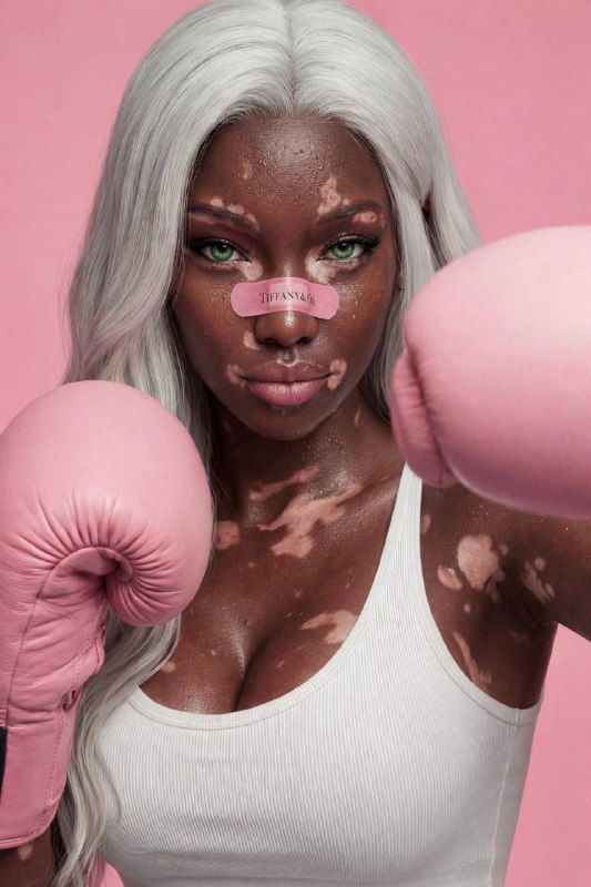 Крупный план женщины: тёмная кожа с пятнами, серебристые волосы, белая майка, бирюзовые перчатки и пластырь на переносице.