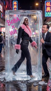 Портретный вертикальный кадр: модель в розовой шубе внутри прозрачного ледяного блока на фоне неоновой улицы и реакция прохожего.