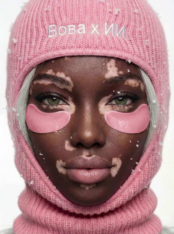 Портрет с розовой балаклавой и подглазными патчами; видны снежные хлопья и тонкие белые волосы, на лбу вышивка «Вова × ИИ».