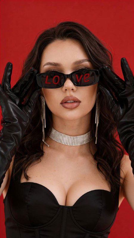 Модель в чёрном корсете, с длинными перчатками и очками с надписью на красном фоне — акцент на макияже, одежде и стилистике для референса.